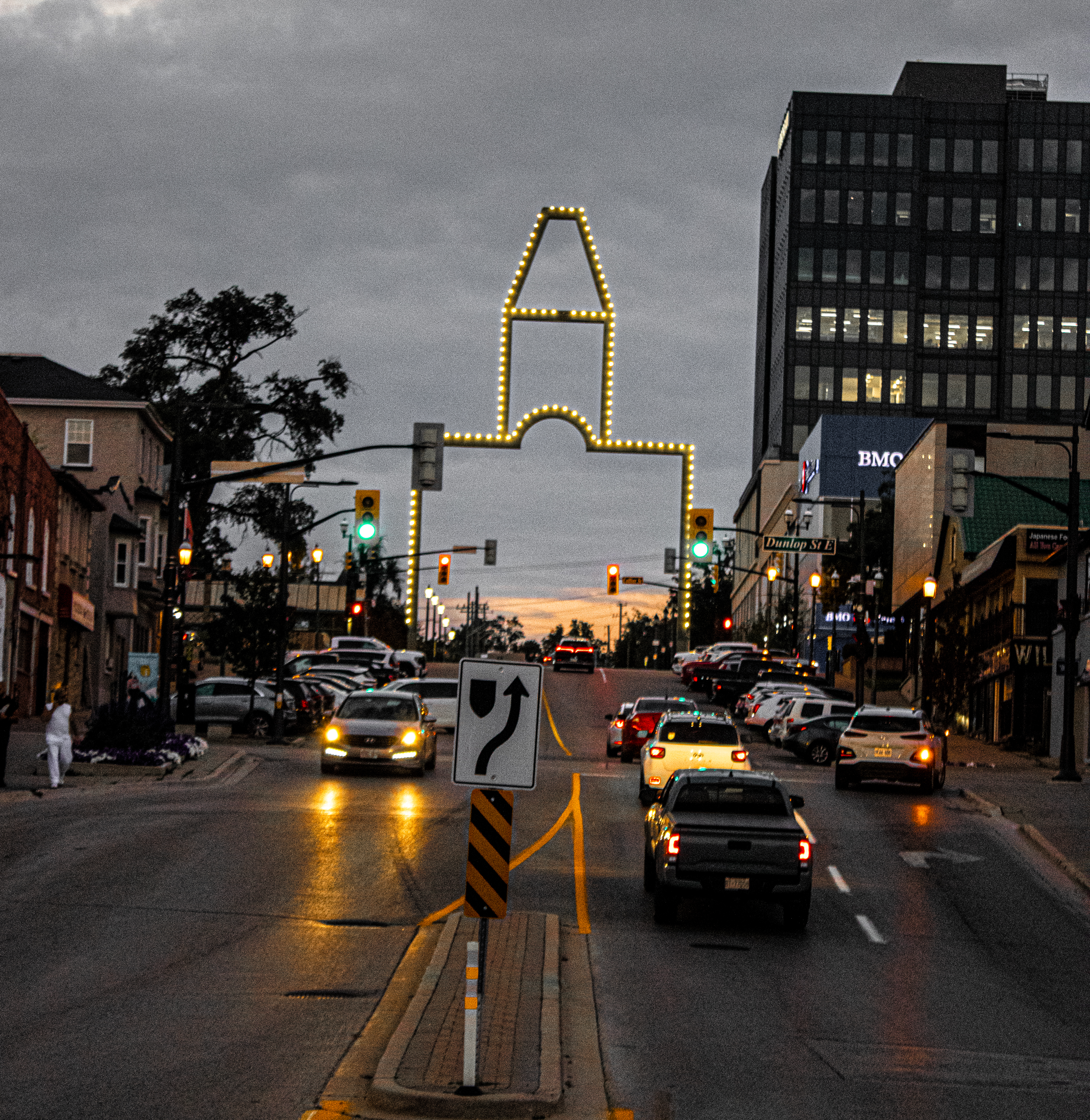 Barrie downtown arch at dusk